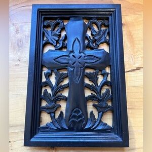 Hand-Carved Wood Panel Cross Dark Brown / Black Scandinavian Style Wall Hanging